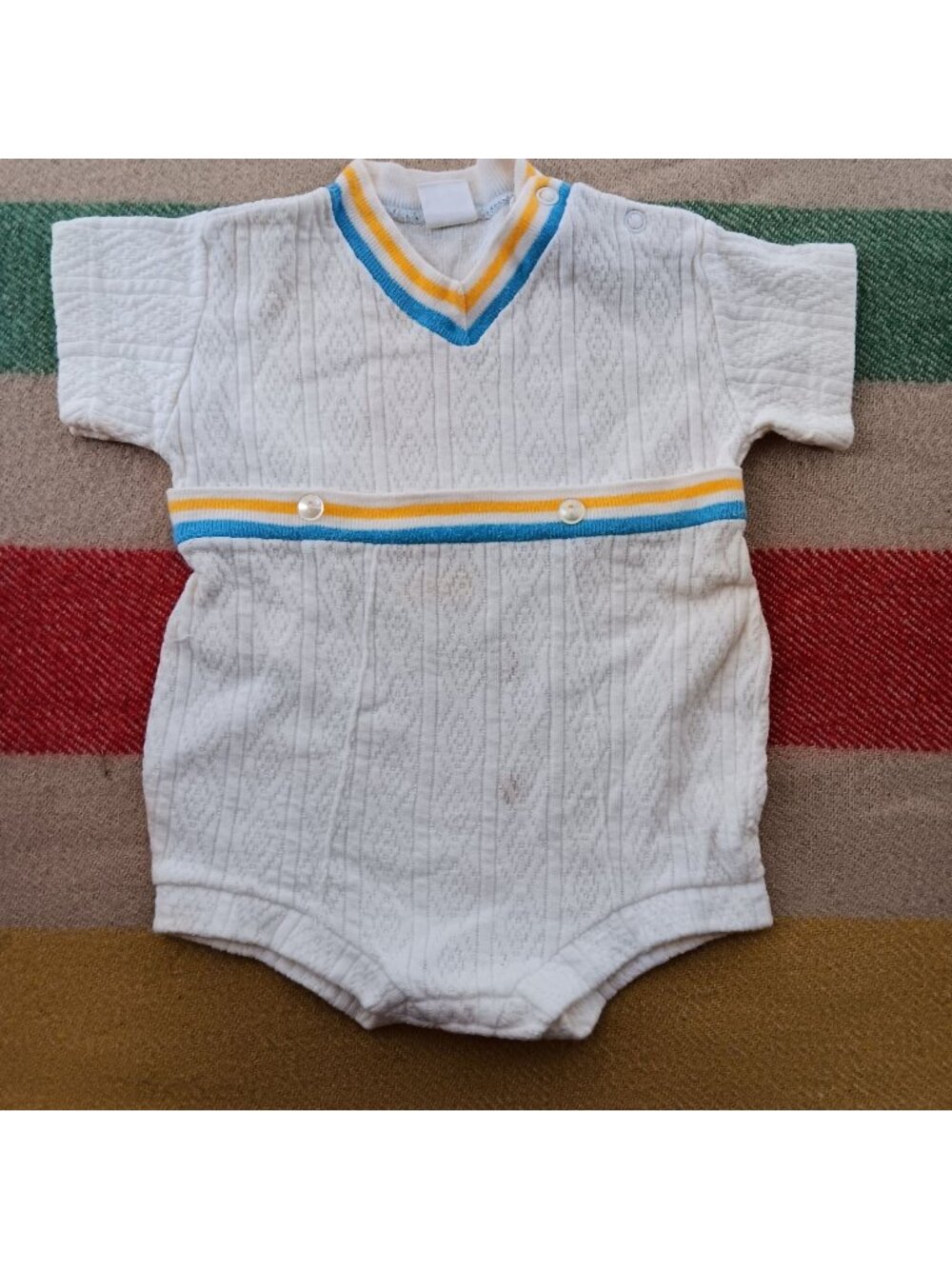 Vintage Toddler Time Baby Romper sz 0 White Cotton newborn Knit Blue Yellow Trim